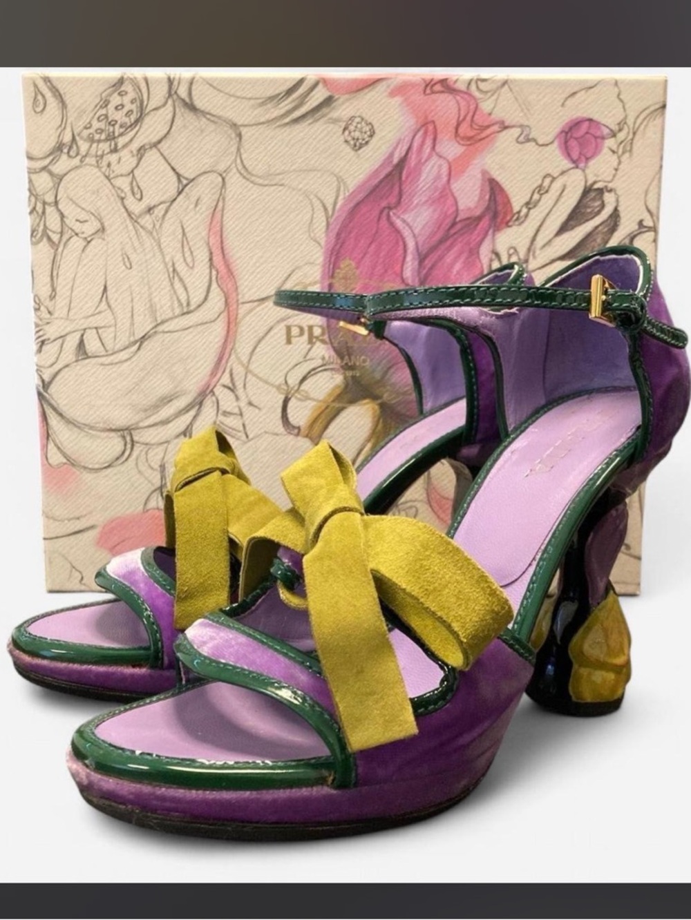Spring/Summer 2008 Prada FAIRY Purple & Green Velvet Bow Open Toe Sculpted Pumps